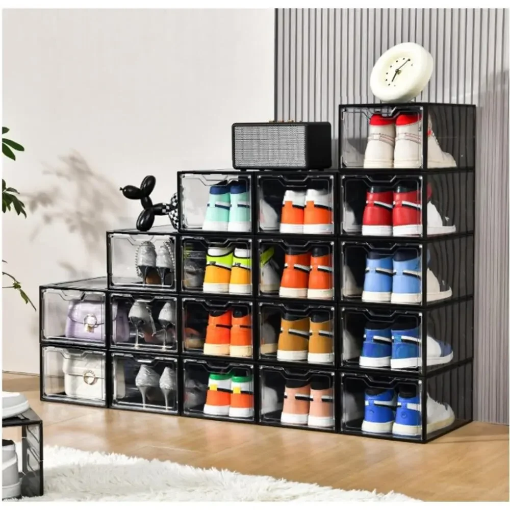 Stebopum 12 Pack Stackable Shoe Storage Boxes Clear Black Magnetic NEW
